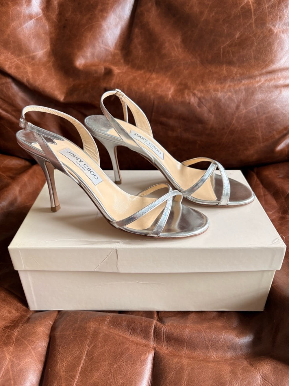 Jimmy Choo Silver Metallic Strappy Heels Sandals Size 38 Stiletto